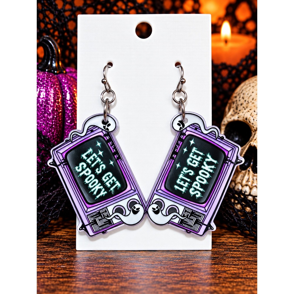 Let's Get Spooky Earrings Retro TV Ghost Purple Halloween Dangle Earrings